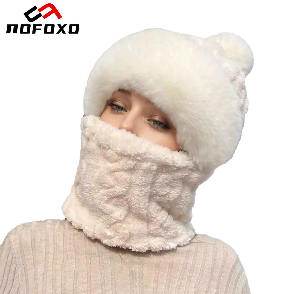 NOFOXO Winter Windproof Cold Weather Soft Thickened Warm Hat Face Mask BalaclavaPlush Hat Outdoor Velvet Earmuffs Scarf Women