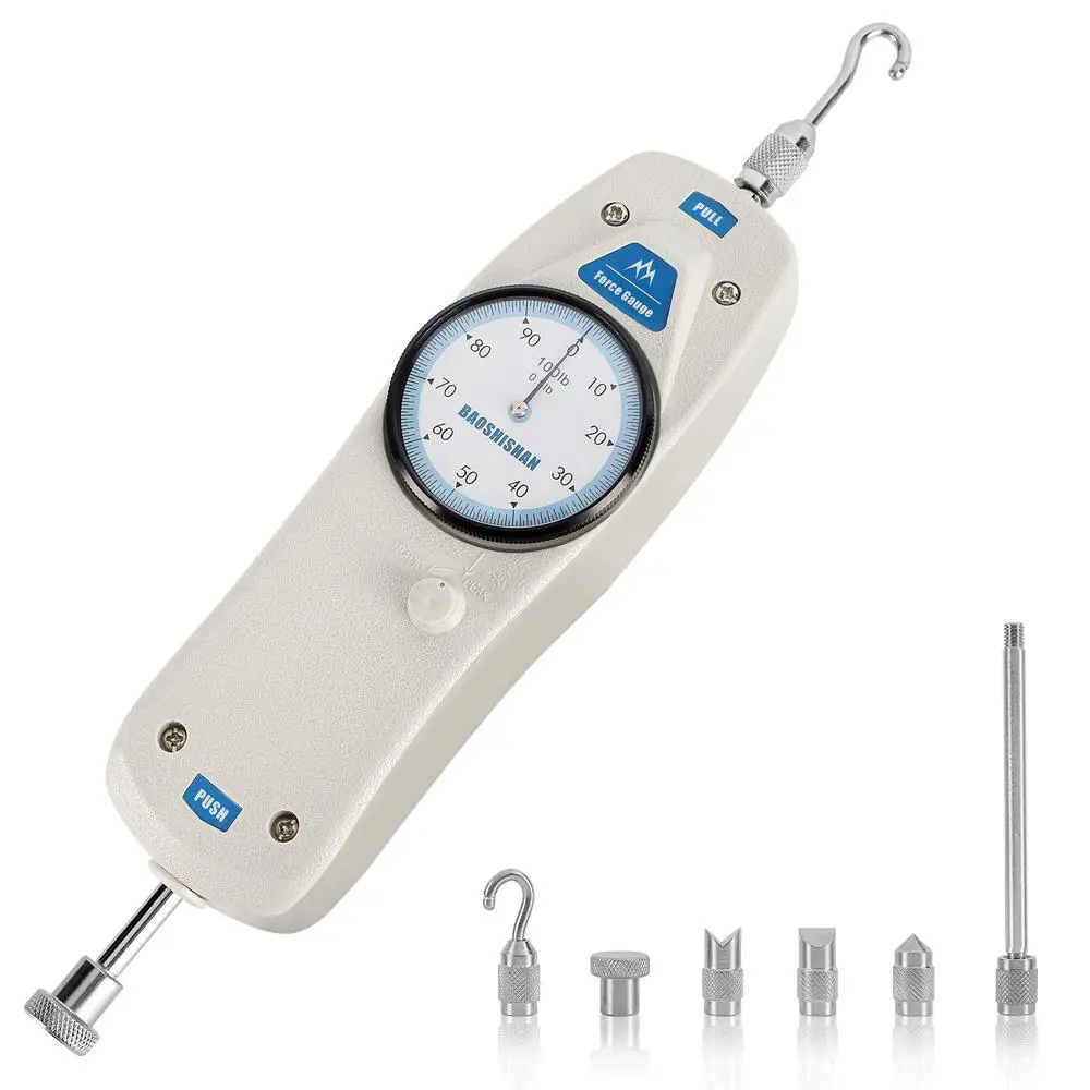 Medidor de fuerza de 100lb con certificado de calibración, accesorios de Estuche de transporte, función de pico/pista, amplia aplicación