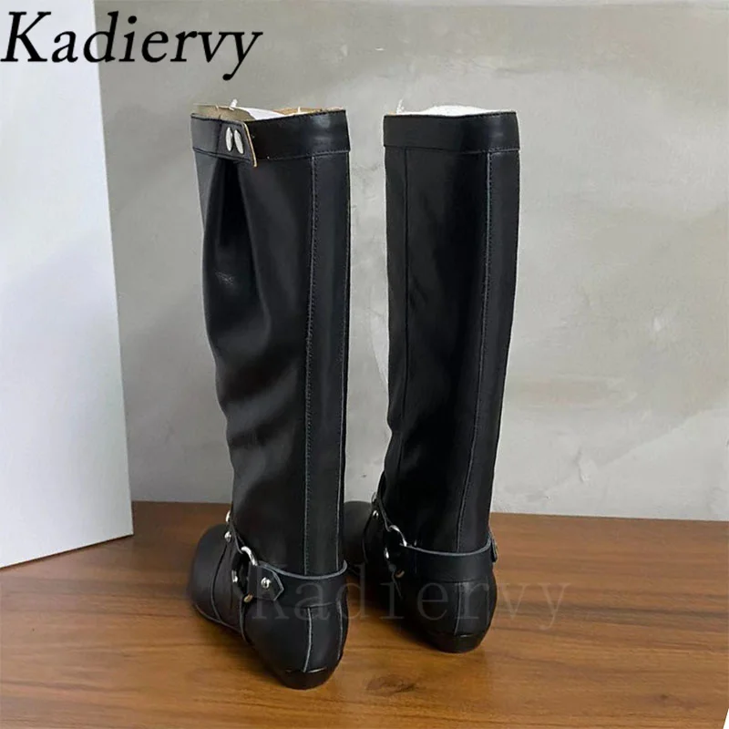 Luxury Quality Cow Suede Western Cowboy Boots Women Belt Buckle Rivet Decor Flat Shoes Woman Pointed Toe Knee High Boots Woman