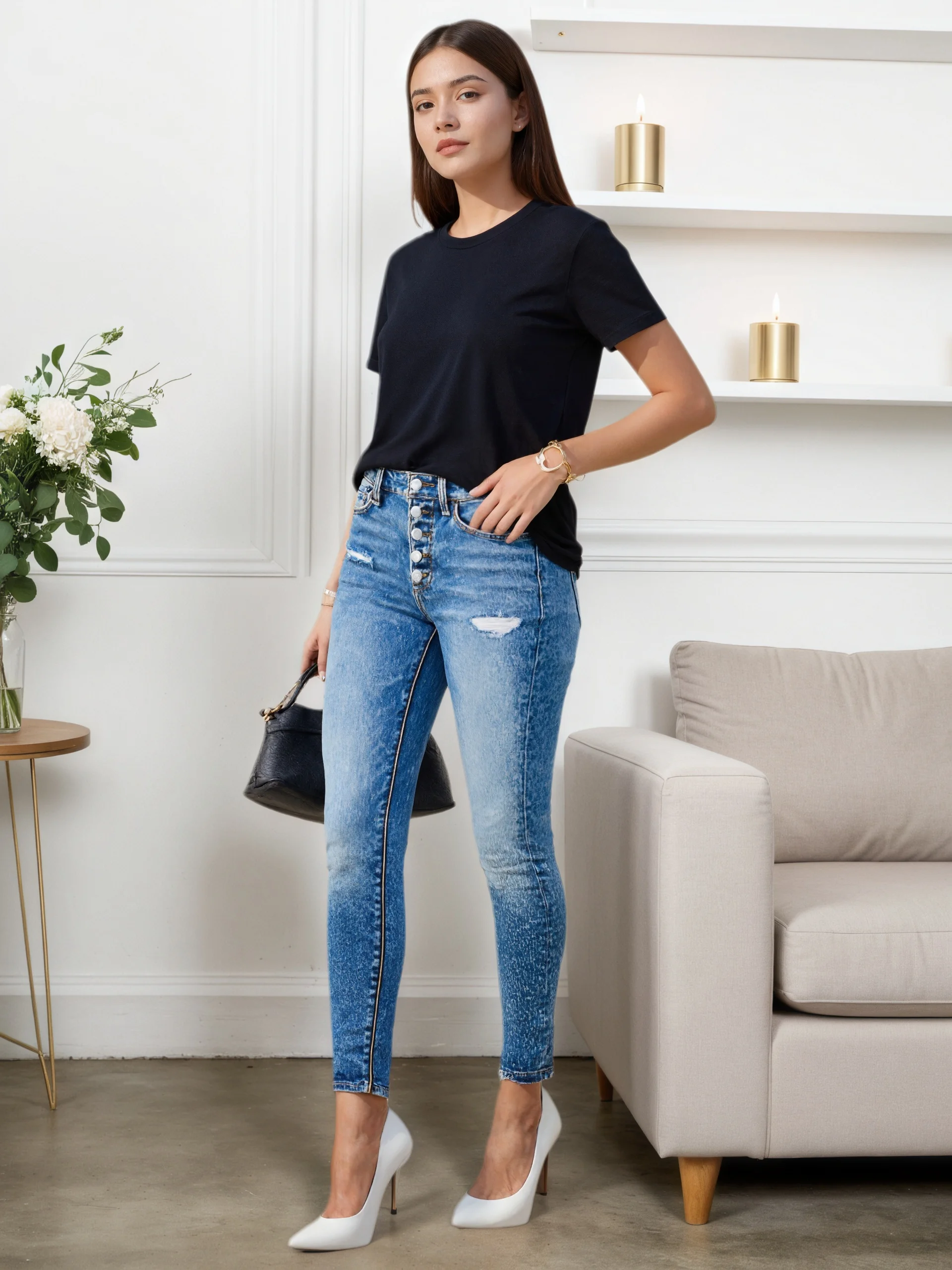 

Новые женские потертые узкие джинсы, эластичные джинсы с диагональными карманами, модный и повседневный уличный стиль,