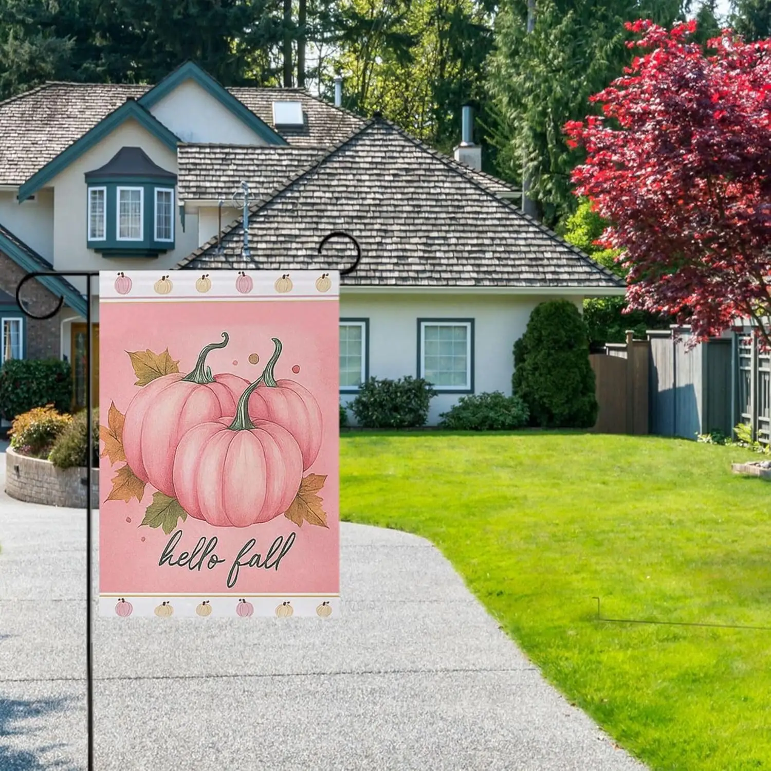 Hello Fall Pink Garden Flag 12x18 Inch Double Sided Outside Pumpkin Autumn Seasonal Yard Outdoor Flag Banner for Garden Lawn UUM