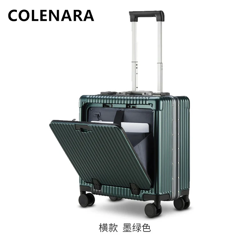 COLENARA ABS+PC Luggage Front Opening Laptop Boarding Case 18 Inch Aluminum Frame Trolley Case USB Charging Carry-on Suitcase