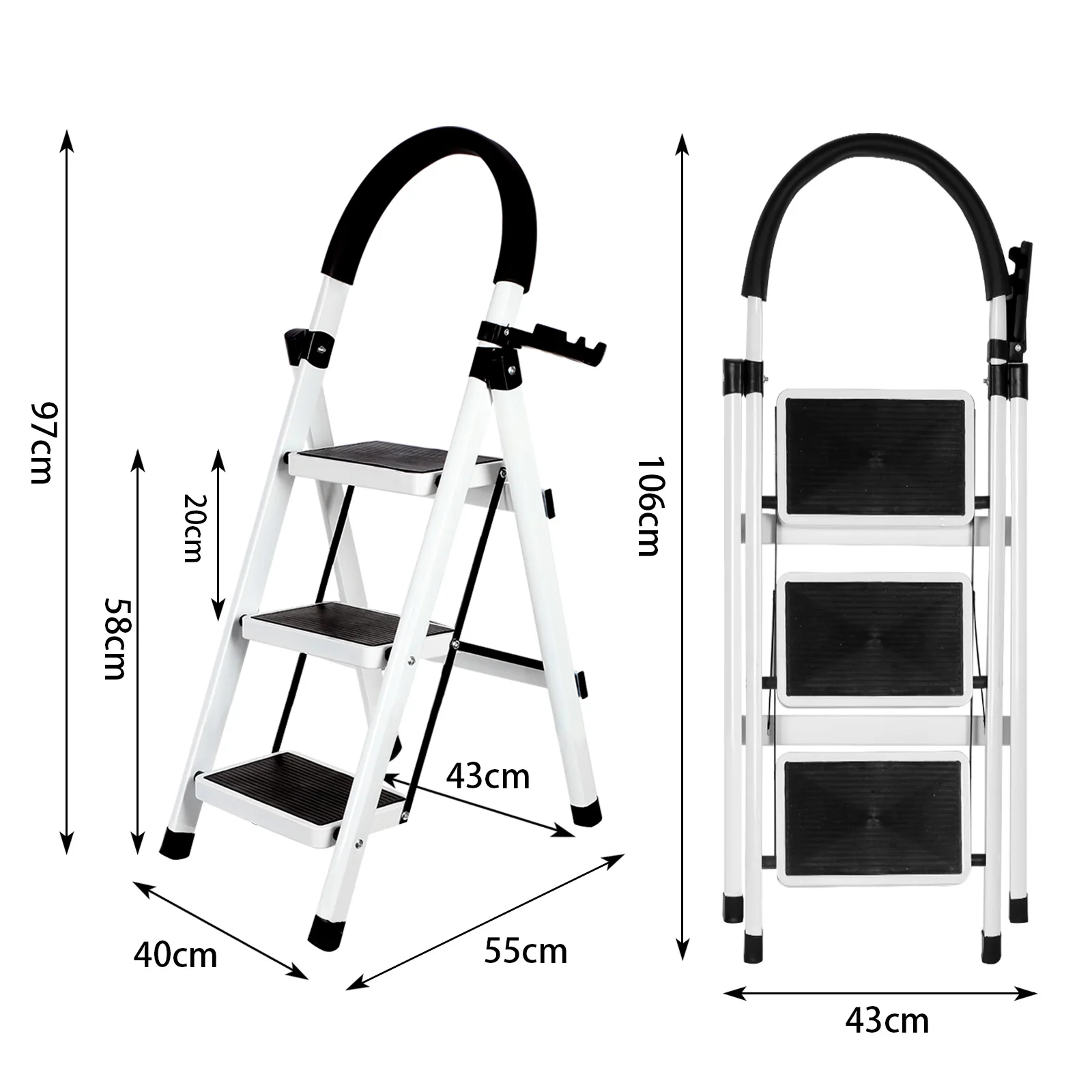 3 Step Folding Step Ladder - Load Capacity 150kg - Foldable Ladder - Wide Anti-Slip Folding Step Stool - Steel Step Stool for Adults - 40*55*97cm image 3