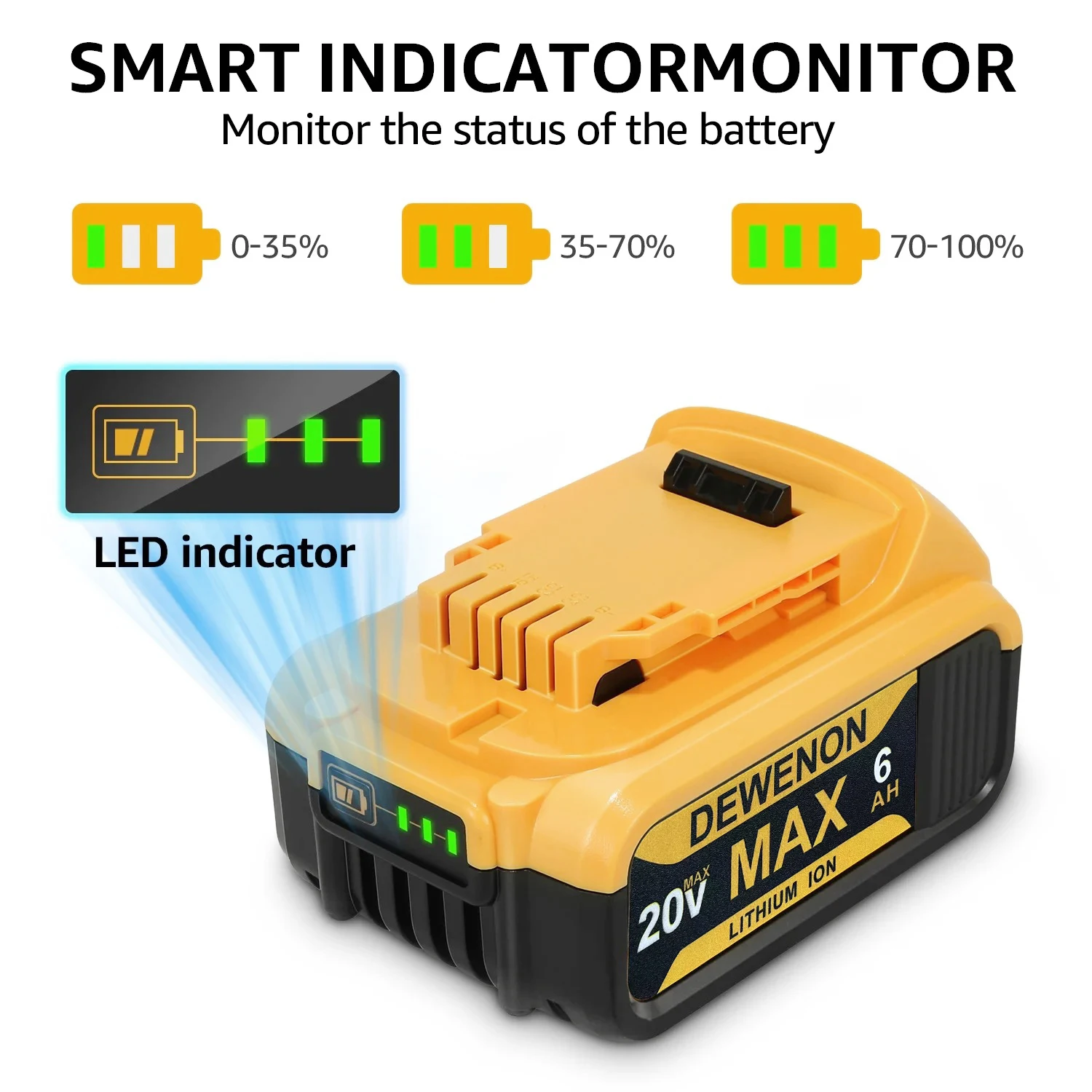 Originální 20V 6AH dobíjecí lithium-iontová záložní baterie pro elektrické nářadí DeWalt, DCB206, DCB182 DCB200 pro DeWalt 20V - náhled 6