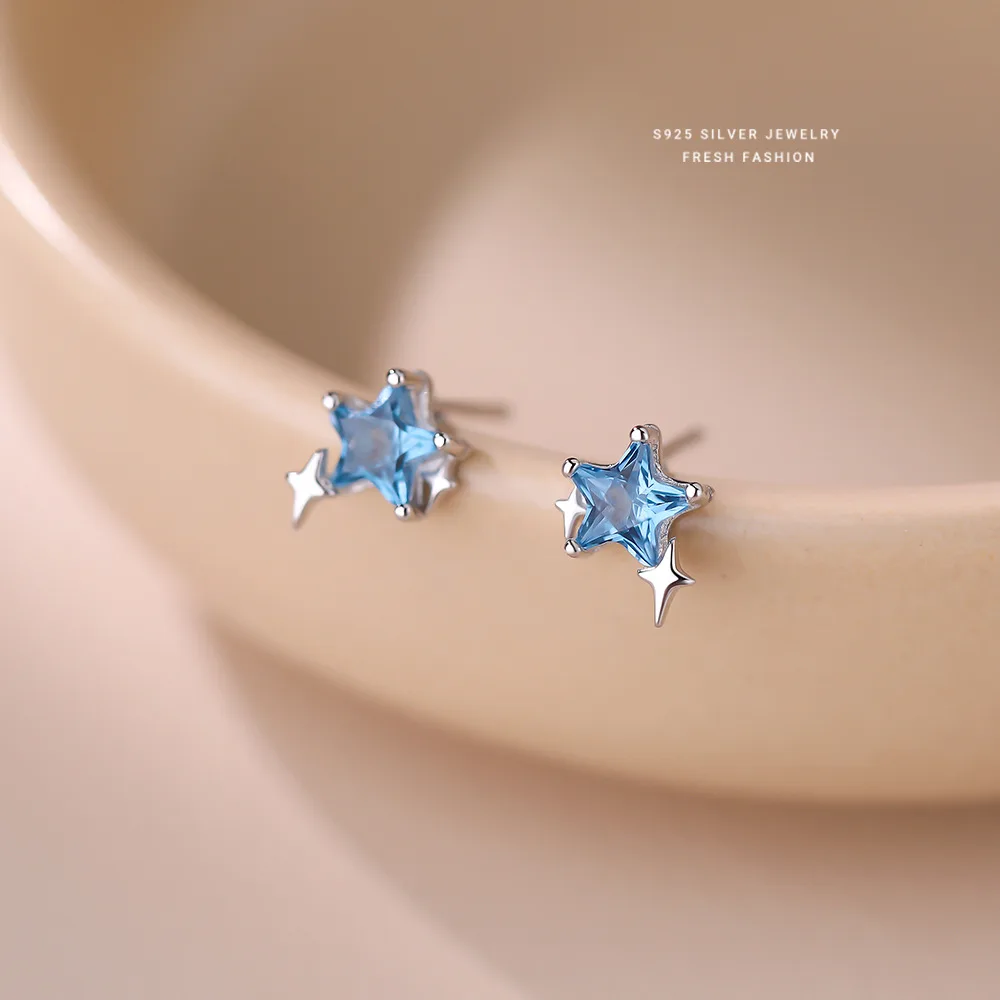 

INZATT Real 925 Sterling Silver Blue Spinel Star Mini Stud Earrings for Women Cute Fine Jewelry Light Luxury Accessories