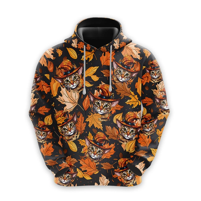 Maple Leaf Cat Graphic Sweatshirt Happy Thanksgiving Hoodie For Men Clothes Cute Pet Cats Pullovers Scottish Fold Shorthair Tops