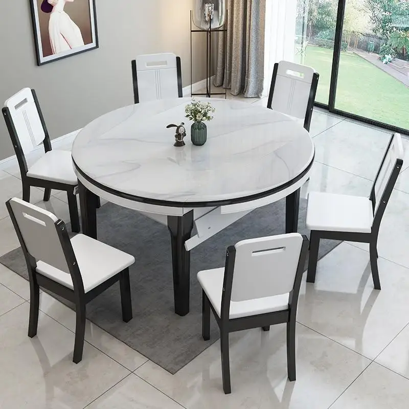 Light luxury marble slate dining table and chairs, simple foldable retractable home round rice table combination