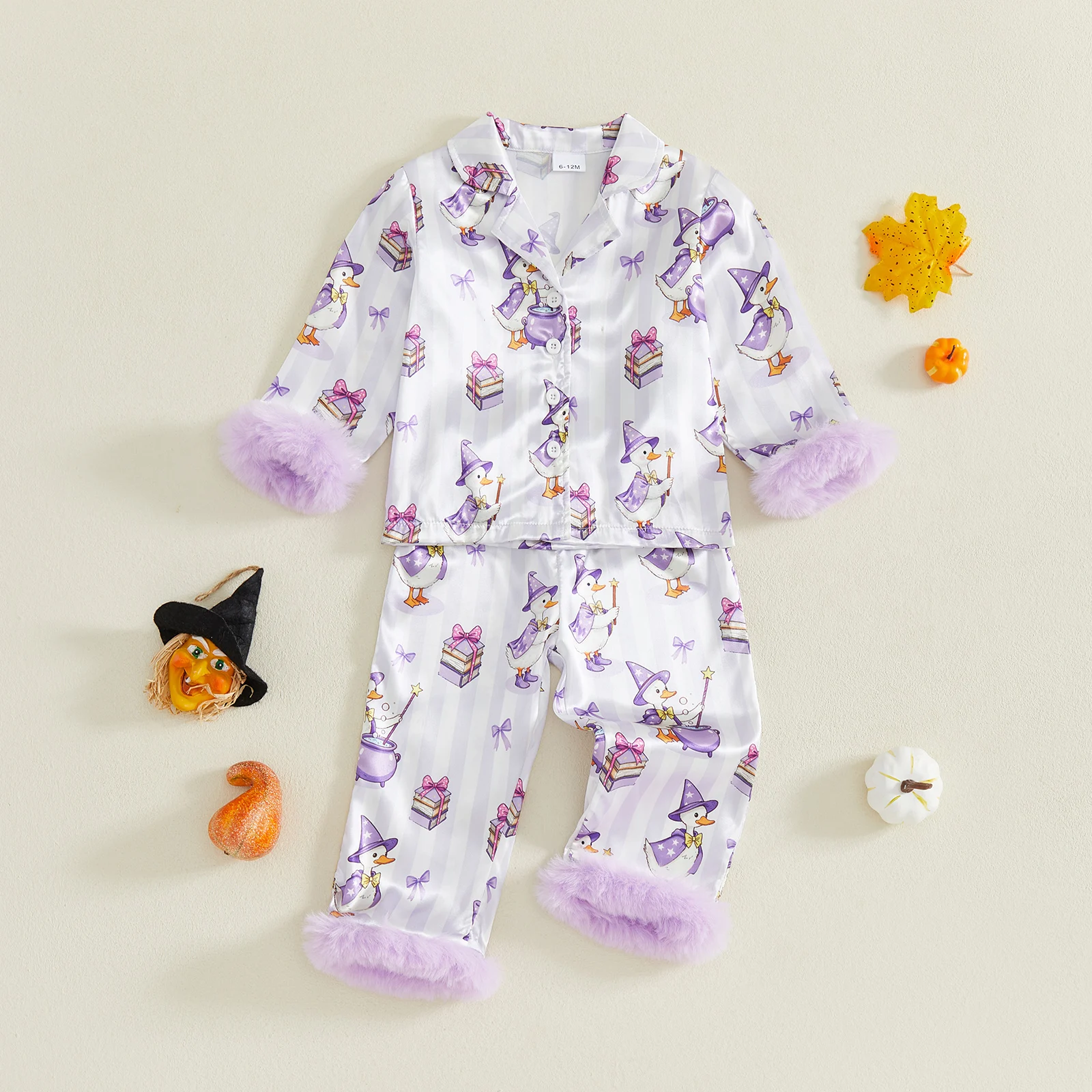 1-7Y Girl Kids Satin Halloween Pajamas Set Long Sleeve Goose Print Shirt Tops Pants 2 Pieces Sleepwear Homewear Set
