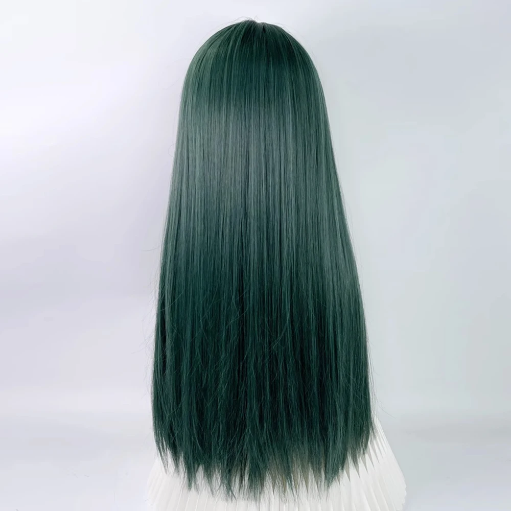 Synthetic Long Straight Dark Green Wigs with Bangs Natural Lolita Cosplay Fluffy Women Hair Wig for Daily Party