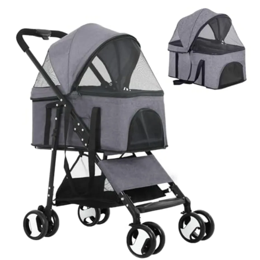 

3-in-1 Dog Cat Stroller with Detachable Carrier, 4-Wheel Pet Stroller for Medium Small Dogs Cats, Grey, Folding Portable Design