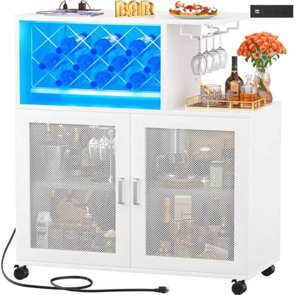 LED Home Bar Cart with Wheels Coffee Liquor Cabinet Power Station Wine Rack Glasses Holder Tiered Shelf 19.69