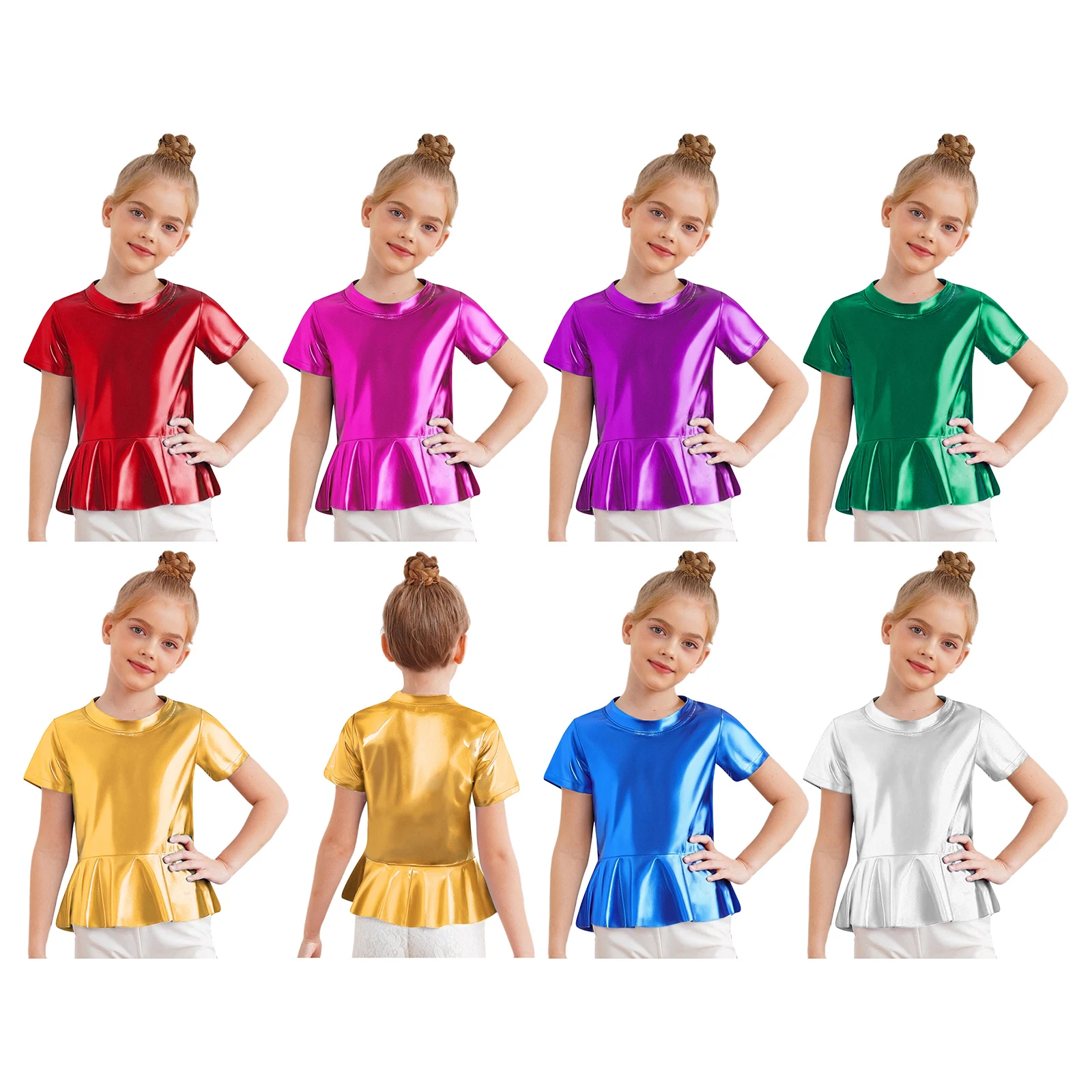 الأطفال فتاة الجاز الرقص الأعلى لامع Peplum الجولة الرقبة لامعة تي شيرت الشارع نمط الهيب هوب الجاز ملابس الرقص موضة الجاز Dancewear