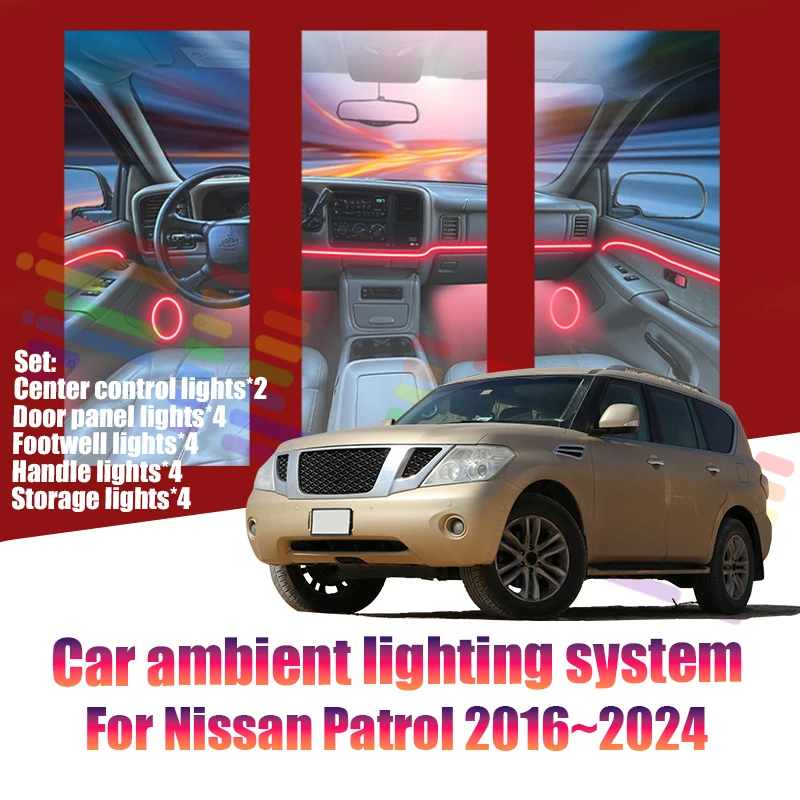 Luces LED Ambientales para Automóvil Nissan Patrol 2016~2024 Y62 MK6, Luces de Atmósfera Coloridas, Tira de Neón Interior para Automóvil, Iluminación RGB de 64 Colores