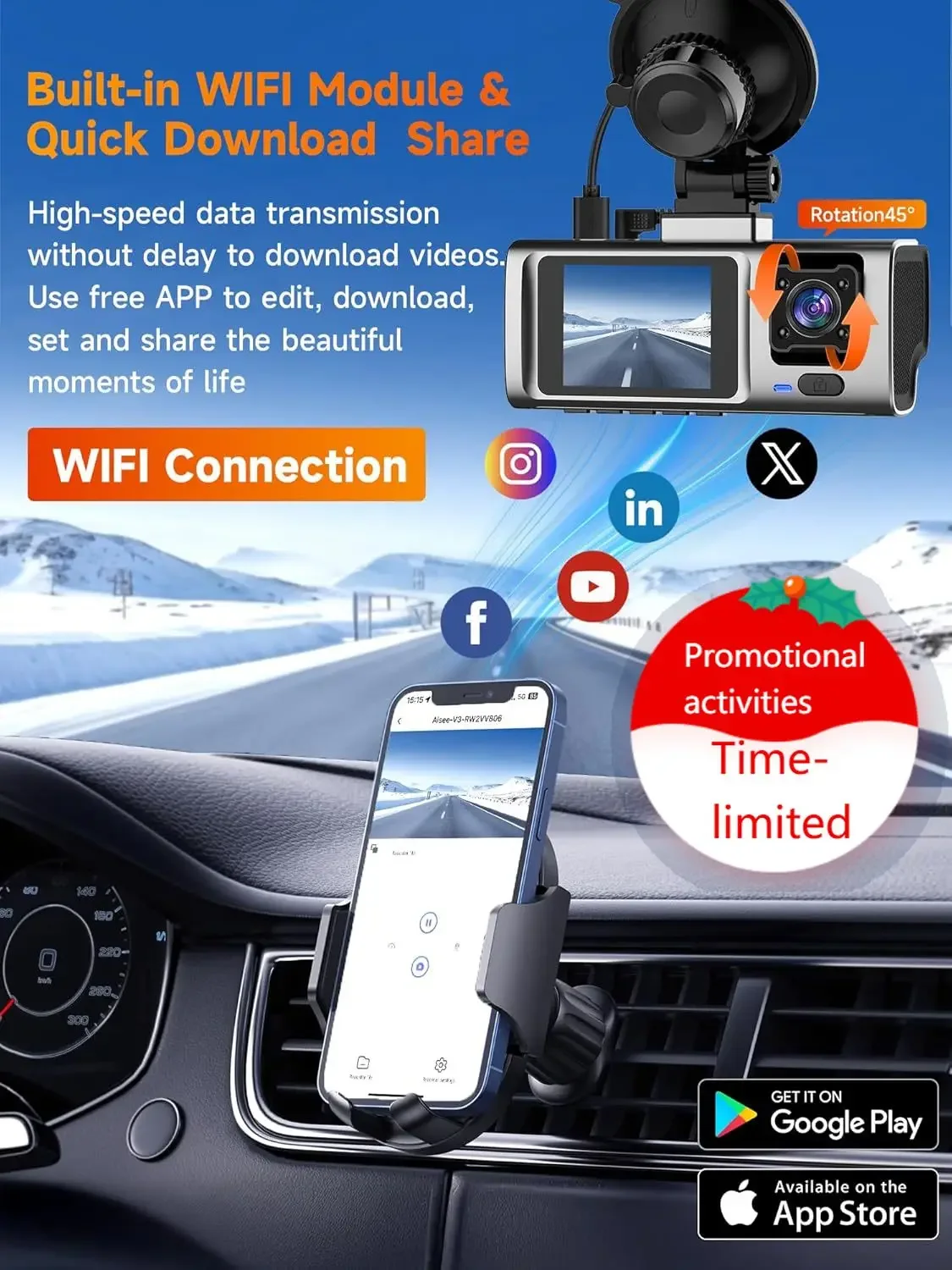 3 Channel Dash Cam Front and Rear Inside, 2.5K Front Cabin Recorder with Super Night Vision, WiFi App Control, Loop Recording, G