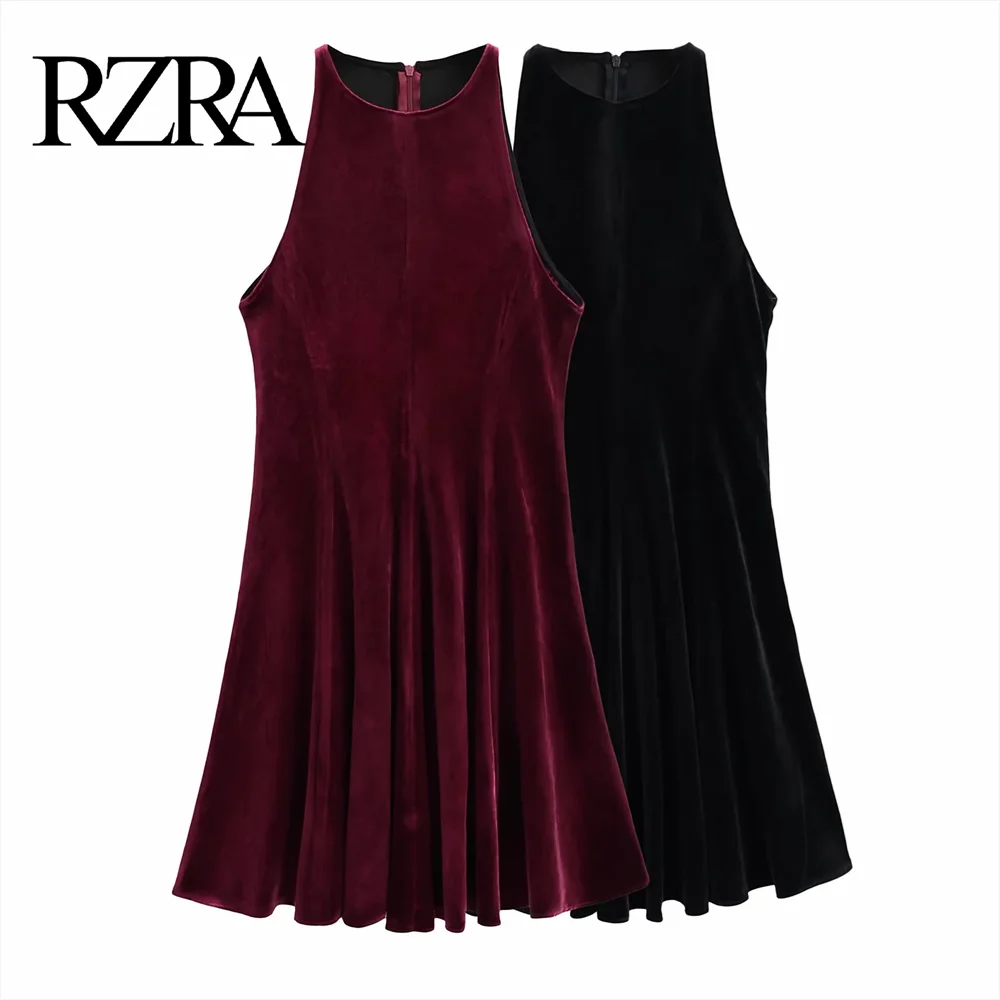 RZRA 2024 pleated wide hem round neck sleeveless temperament simple versatile solid color dress short skirt female