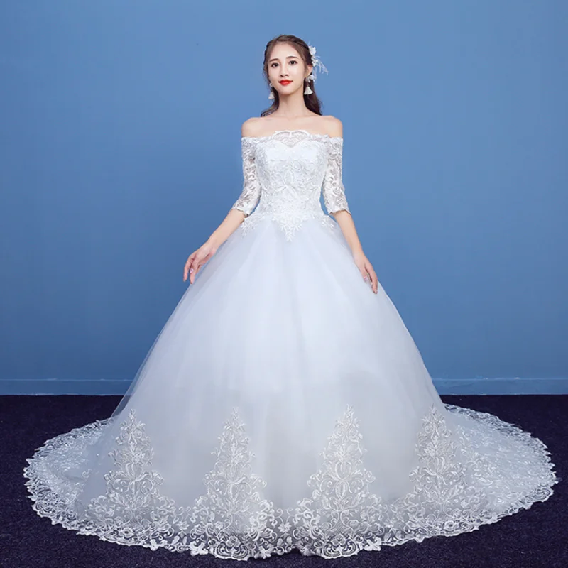 

Y&M Novias White half Sleeves Wedding Dress Lace Appliques Ball Gown Court Train Wedding Dresses Bridal Gowns Vestido De Noivas