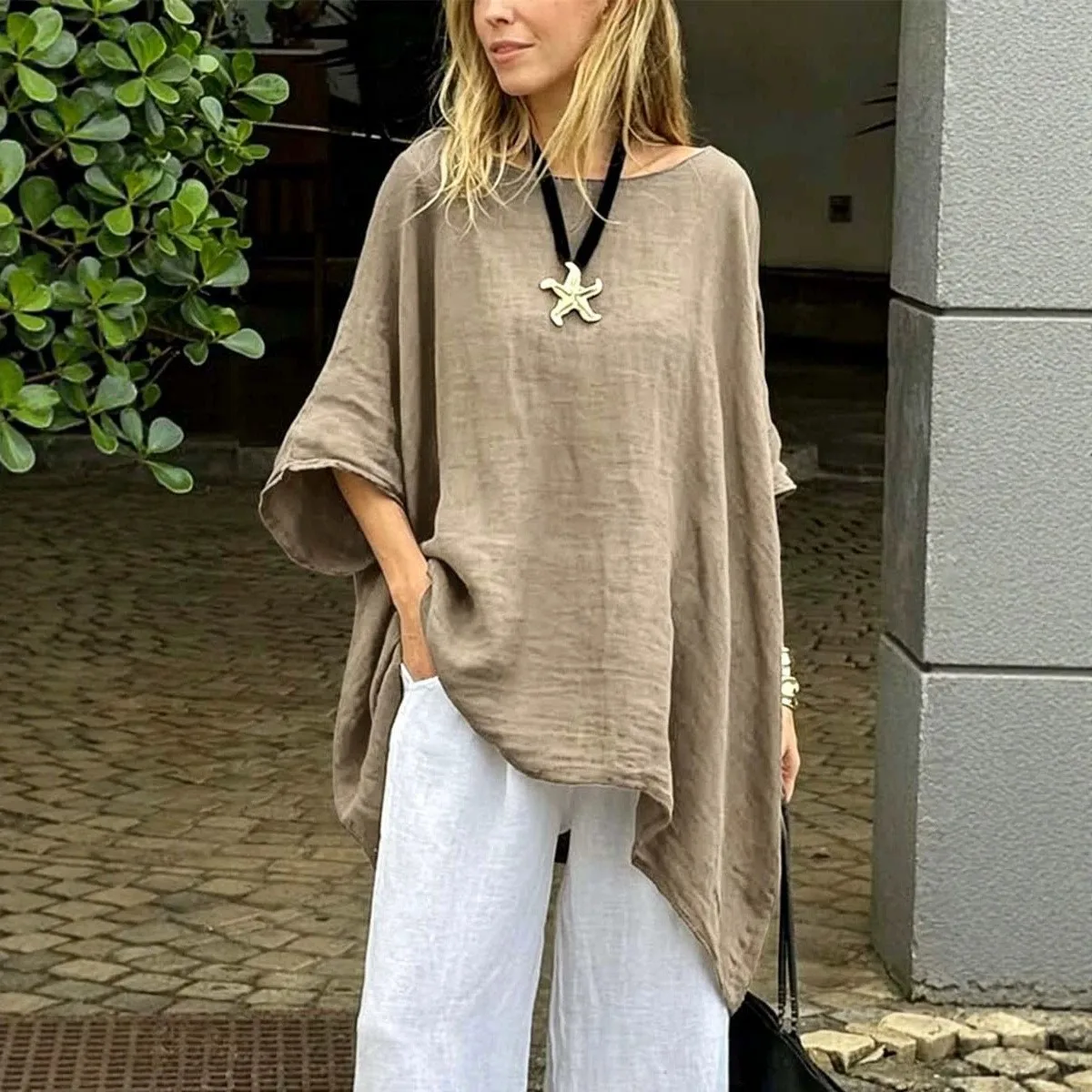 Pull on Loose Fit Top Literary Retro with Mid Length Loose Silhouette Wrinkle Finish Crew Neck Elegant Summer T Shirt for Women