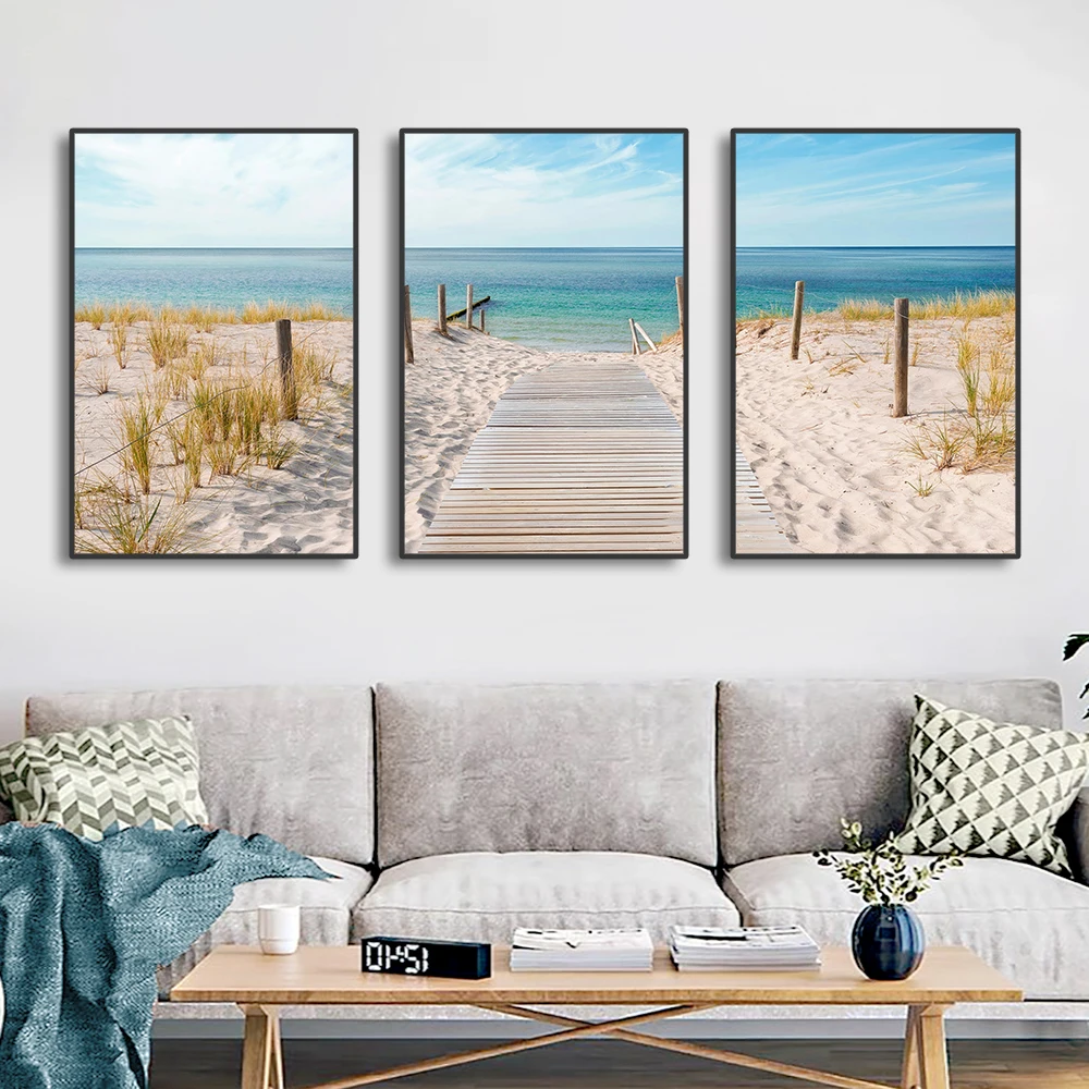 3 Pieces Beach Canvas Wall Art Boardwalk Dune Grass Ocean Seaside Scenery Print For Living Room Decor