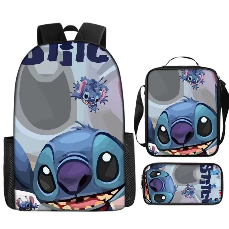 MINISO Stitch-Conjunto de tres piezas para niños, mochila para estudiantes, bolsa de viaje, bolso de hombro, estuche para lápices