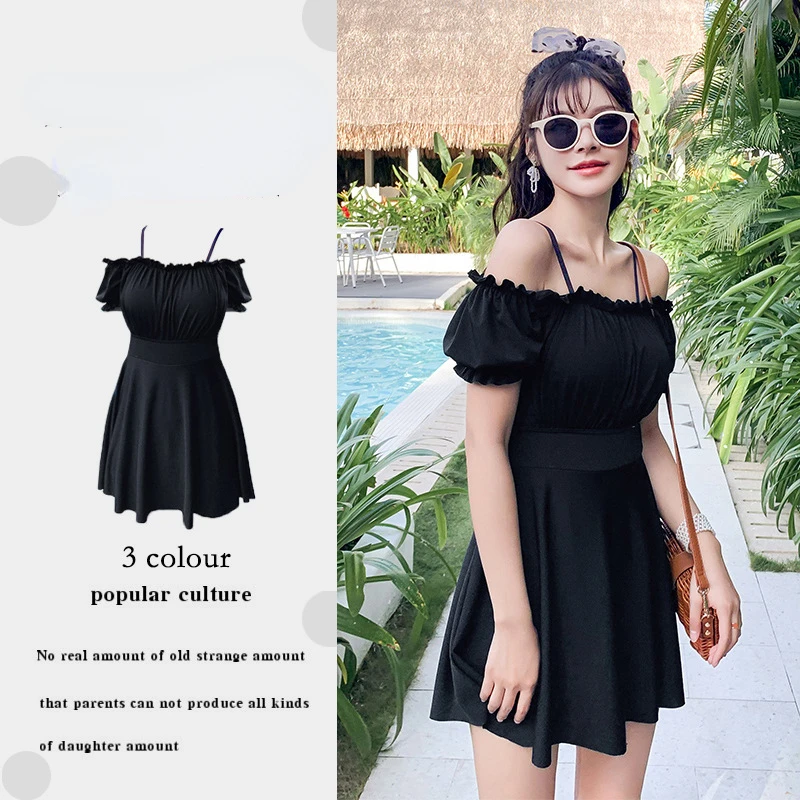 

Flounce Off Shoulder Korean Swimsuit Skirt One Piece Set Women Summer Plus Size Swimwear Women Boxer Shorts Swimming Suit New