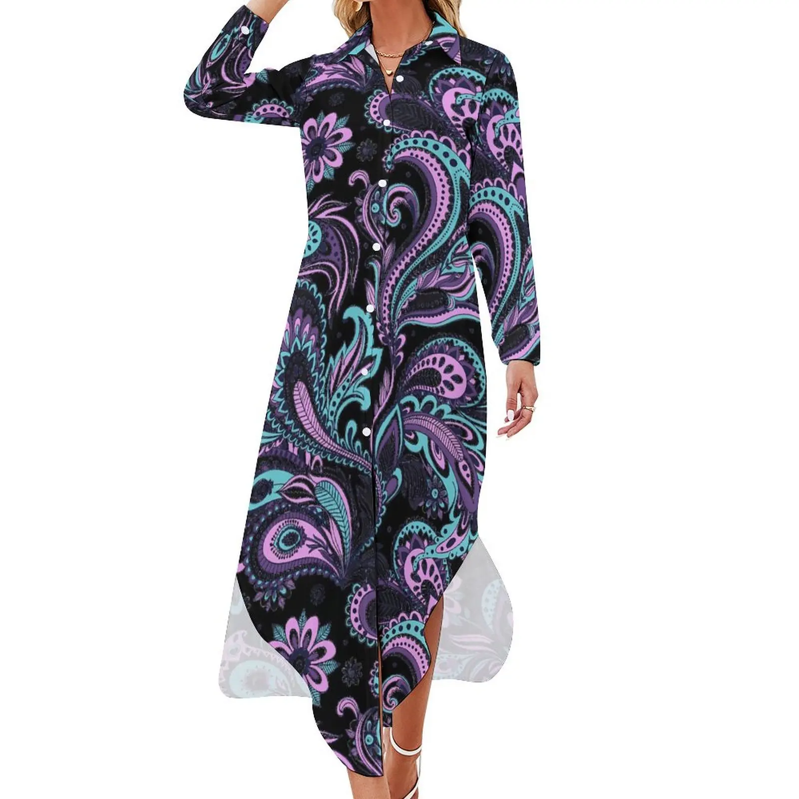 Retro Paisley Casual Dress Pink And Blue Fashion Dresses Sexy V Neck Vintage Chiffon Dress Long Sleeve Clothing 4XL 5XL 6XL