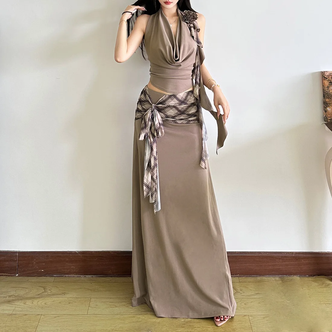 

Новый летний корейский ретро повседневный модный комплект с висячим воротником и высокой талией, утягивающая полуюбка для женщин