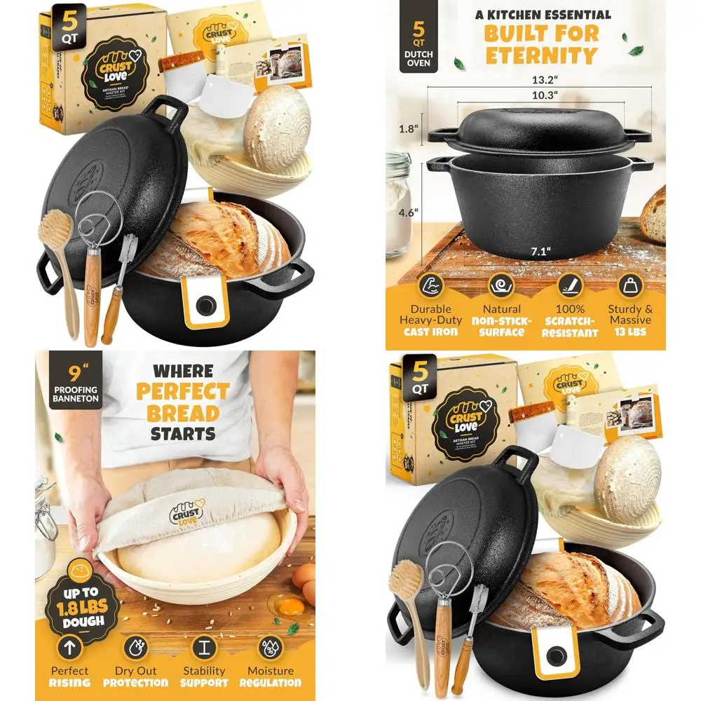 

5-Quart Cast Iron Dutch Oven with Lidded Bread-Making Kit for Sourdough and Banneton Basket Incl. Lame