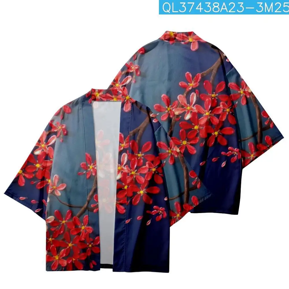 

Couple Women Men Red Floral Printed Gradient Loose Cardigan Haori Yukata Casual Summer Kimono Beach Shorts Streetwear