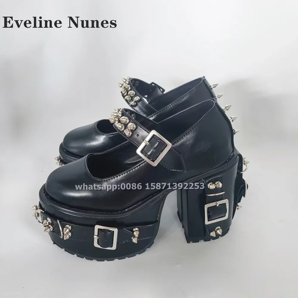 Pink Plaid Rivet Buckle Strap Pumps Round Toe Chunky Heels Shallow Punk Women Mary Janes Gothic Style Plus Size Shoes 2024 Trend