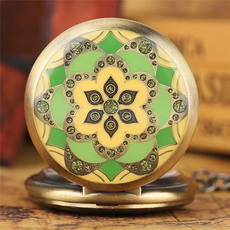 Bronze Green Crystal Flowers Men Women Hand Winding Mechanical Pocket Watch Skeleton Pendant Chain Clock Timepiece Gift