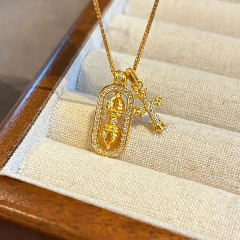 

Women's 24K Gold AU999 Diamond-Inset Cross Vajra Pendant | Ancient-chiseled with Sanskrit inscriptions, elegant for daily wear