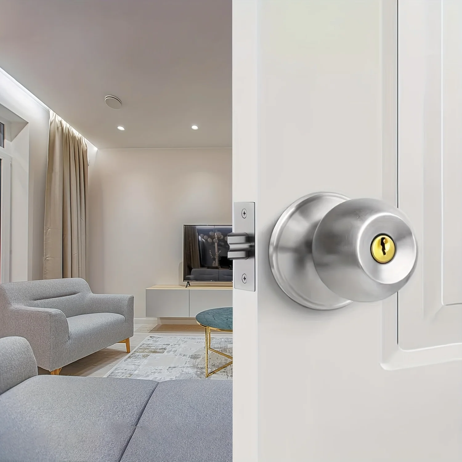 Keyed Entry Door Knob with Lock, Ball Door Knob, Interior and Exterior Door Lock, Standard Ball, Satin Stainless, Privacy