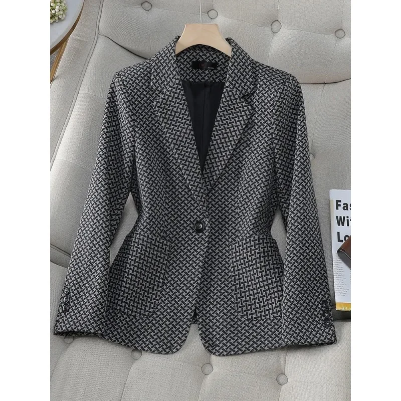 Blazer listrado de manga comprida feminino, jaqueta casual feminina com bolso, botão único, café, azul, preto, outono, inverno, moda