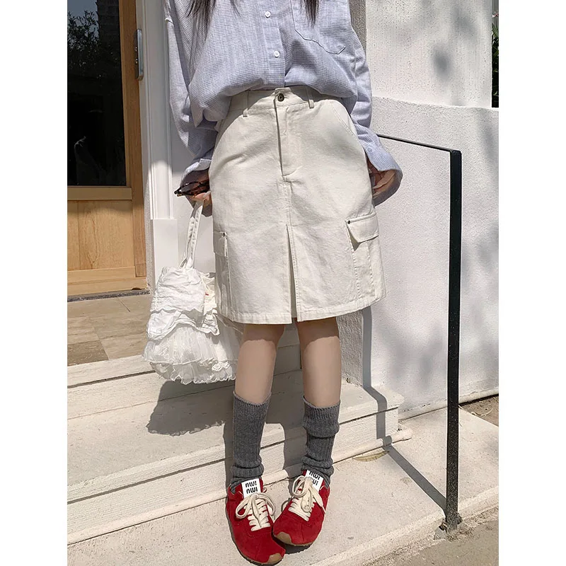 Khaki Workwear  Skirt High Waist Slimming Split A-Line Five-Quarter Length Straight Cut for Women Summer New Style