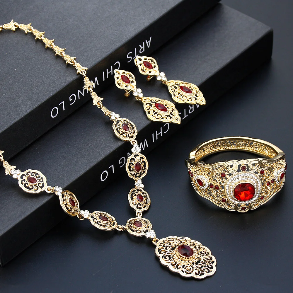 Sunspicems Arabic Bride Jewelry Sets Arabesque Earring Bracelet Necklace Gold Color Morocco Wedding Jewelry Caftan Accessories