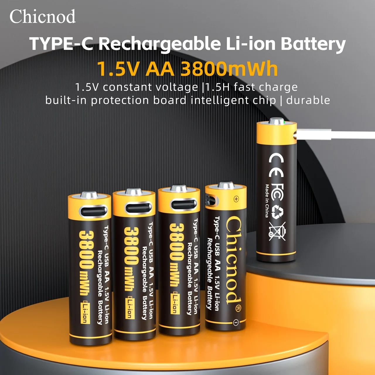 Batterie au lithium rechargeable Chicnod AA 1,5 V 3800 mWh USB Type-C Li-ion à charge rapide avec protection intelligente pour jouets