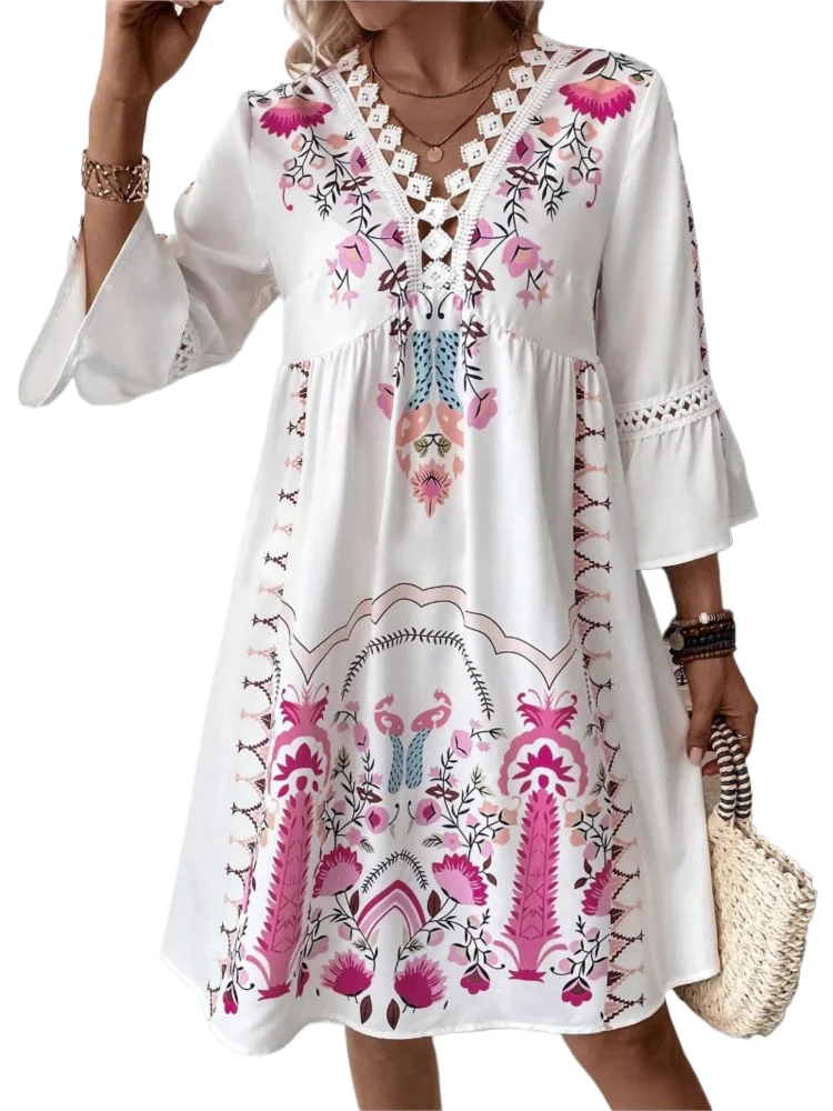 Verão floral impressão vestido senhora moda babados três quartos com decote em v rendas vestidos soltos para mulheres boho férias saias vintage novo