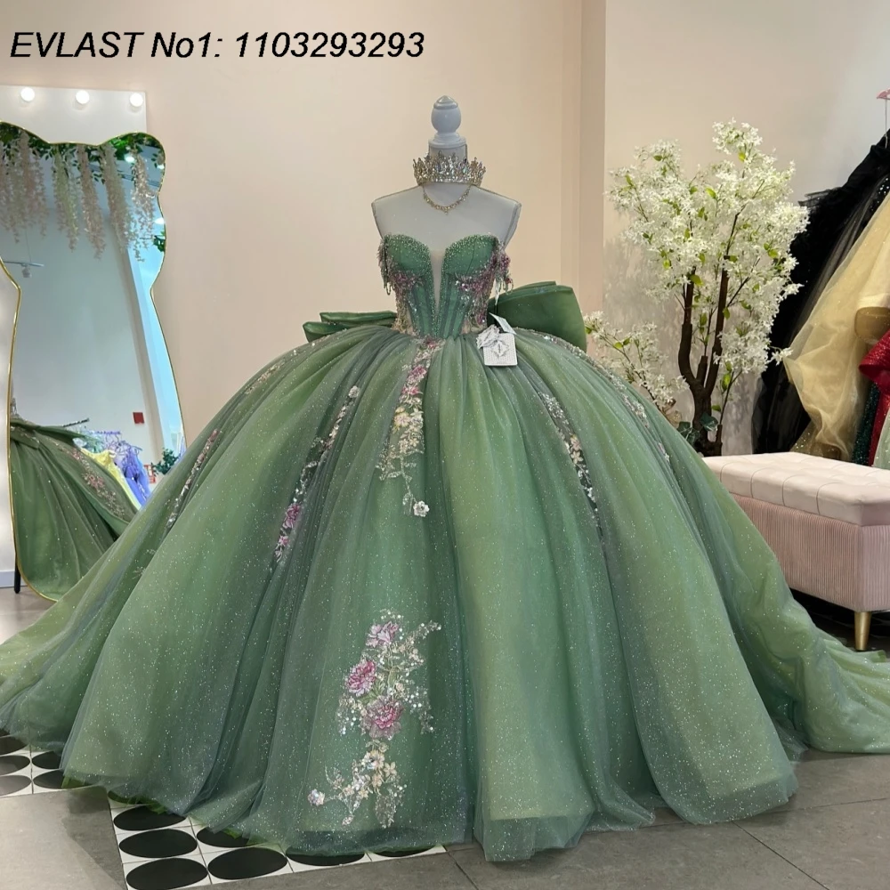 EVLAST Customized Princess Sage Green Quinceanera Dress Ball Gown Lace Applique Beading Bow Sweet 16 Vestidos De 15 Anos E1QN405