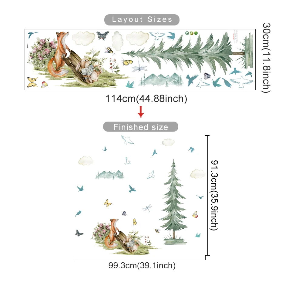 Cartoon Forest Animal Fox Rabbit Tree Wall Stickers Watercolor Nursery Wall Decals Art Print Kids Boys Girls Room Home Decor