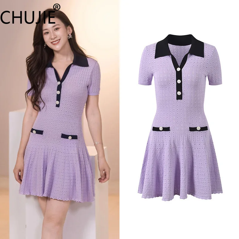 

CHUJIE Women's Summer Dress 2025 New Fashionable And Elegant Slim Fit Look Contrasting Color Collar Short Sleeve Knitted Dress