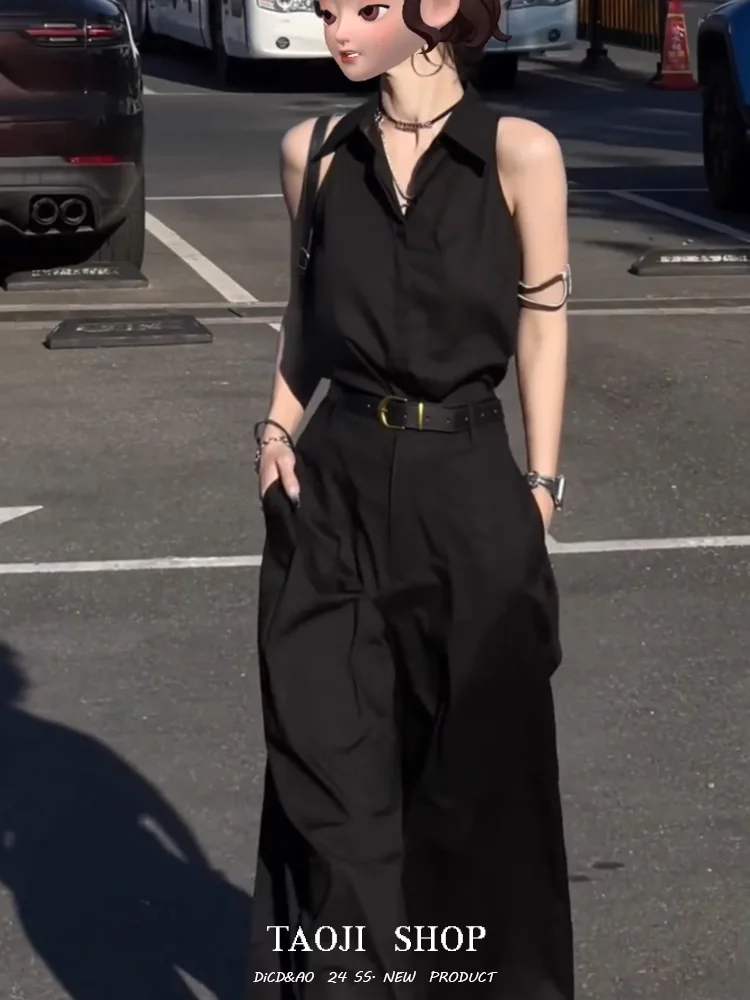 

Summer Fashion High Waist Wide Leg Pants Sleeveless Shirt Women's Set Two Piece Suite Elegant Feel Trendy Outfit