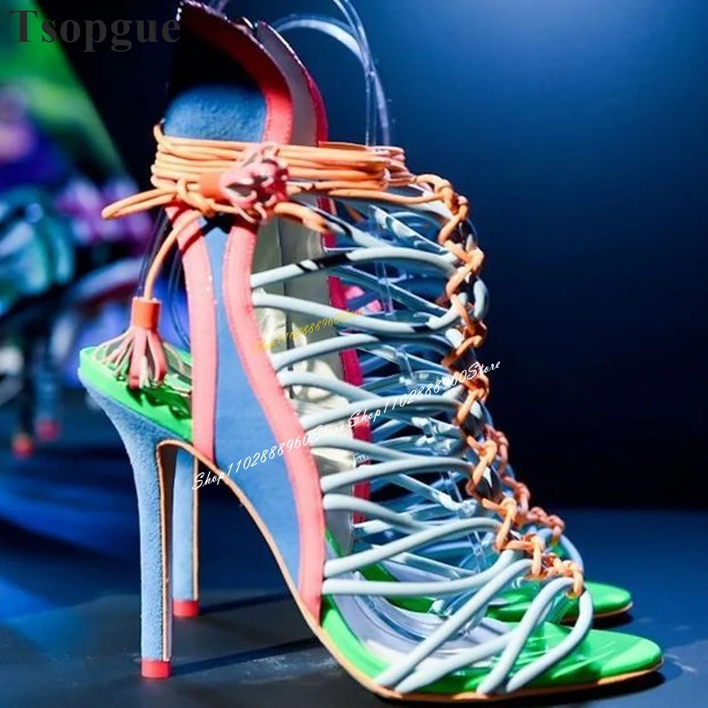 

Trending Mixed Cross Tied Strappy Sandals Thin High Heel Shoes For Women Side Zipper Open Toe 2024 Fashion Zapatos Para Mujere