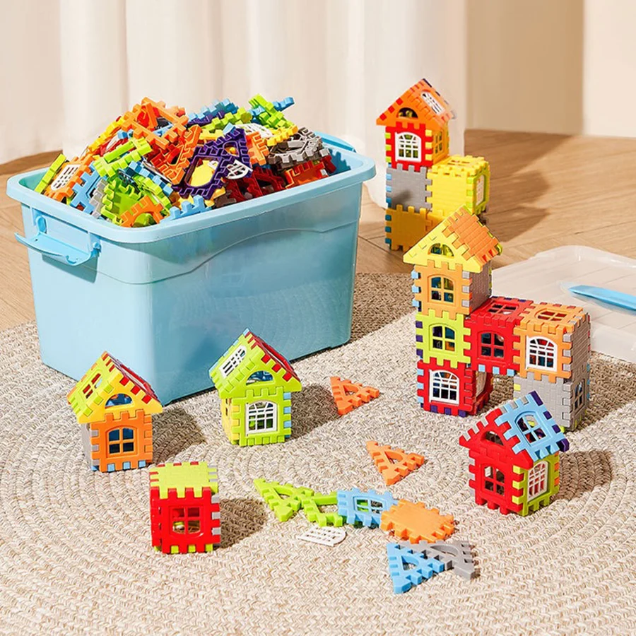 Bouw de bouwsteenpuzzel van het huis. Gratis doe-het-zelf. Kleuterschoolspeelgoed. Educatief speelgoed voor kinderen. Cadeaus voor kinderen