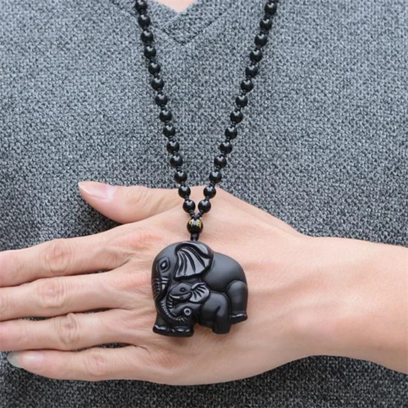 Black Obsidian Wealth Mother Elephant Pendant Necklace Men Women Jewelry Party Accessries Gifts