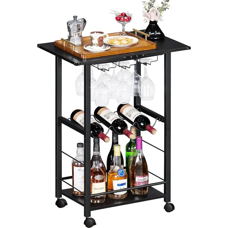 Carritos de Bar para el hogar, carrito de Bar de 3 niveles con ruedas, carrito de vino, carrito de bebidas, carrito de bebidas rodante con estante para vino