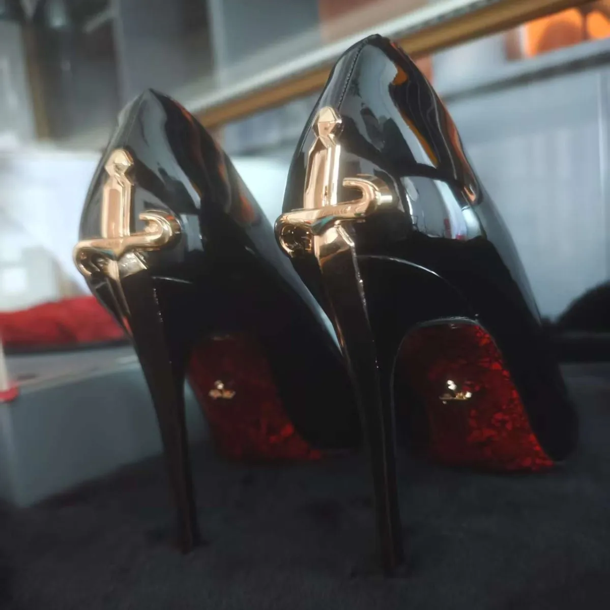Metal Scepter High Heels Printed Red Pointed Toe Women's Shoes Glossy Leather Single Shoes Black Stiletto Sexy Pumps 42