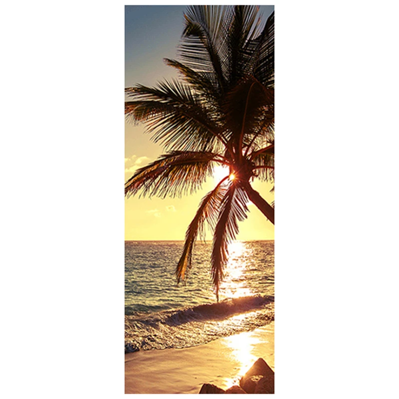 

Sunrise Sea View Door Stickers Seaside Palm Tree 3D Wall Art PVC Mural on the Fridge Home Decoration Poster Room Porch Wallpaper