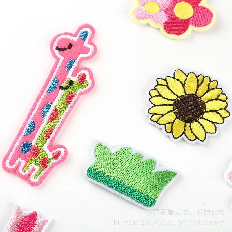 100pcs/Lot Embroidery Patch Animal Giraffe Sunflower Lily Succulents House Bonsai Kids Clothing Decoration Craft Diy Applique