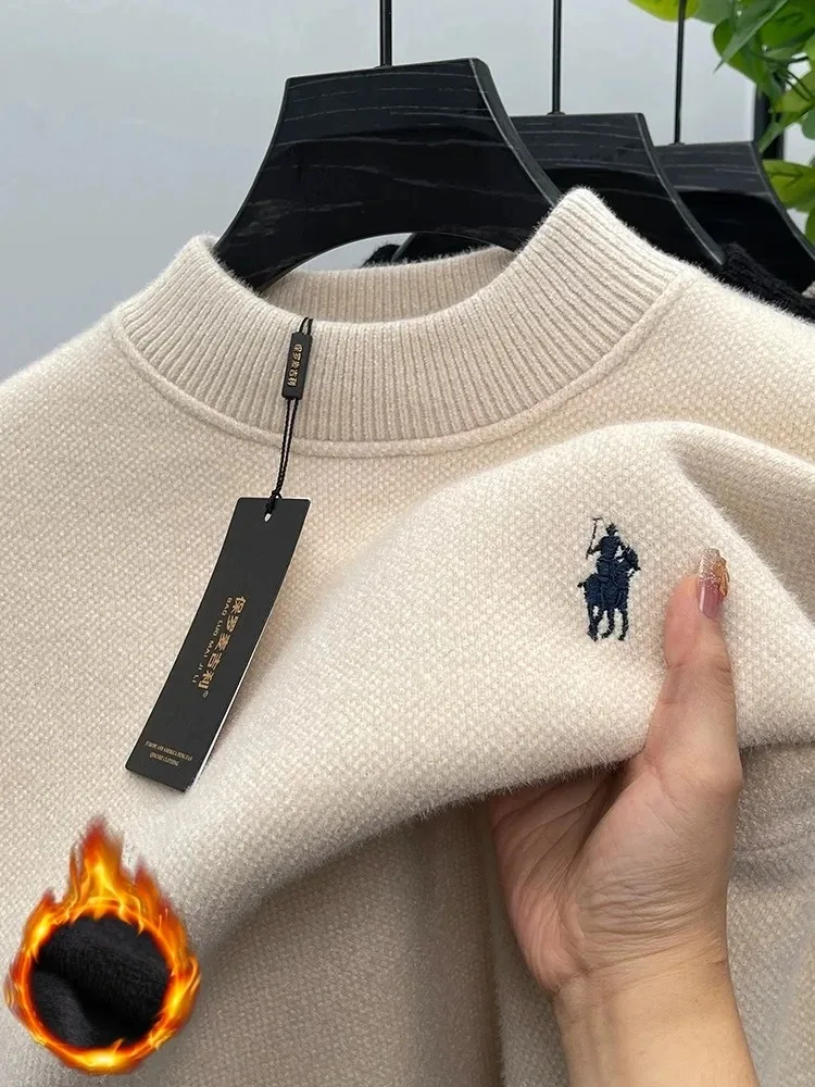 High Quality velvet round neck sweater men's casual fashion designer brand exquisite pony embroidery winter warm knit pullover