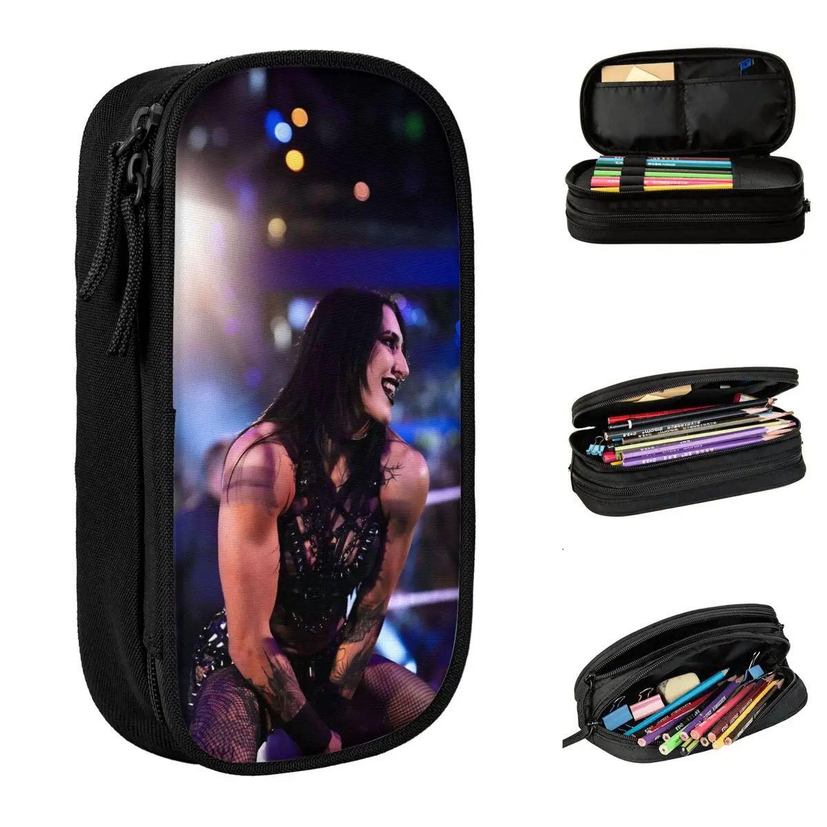 مقلمة ذات سعة كبيرة Rhea Ripley المصارع المصارعة اللوازم المدرسية طبقة مزدوجة حقيبة أقلام رصاص فتاة حقائب مكياج هدية مذهلة #1